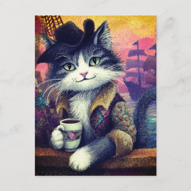 Cute Pirate Cat With a Coffee Postkarte (Vorderseite)