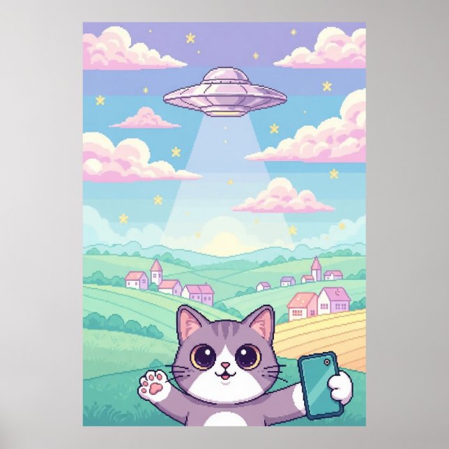 Cute Pixel Art Cat with UFO in Pastel Sky Kawaii Poster (Vorne)