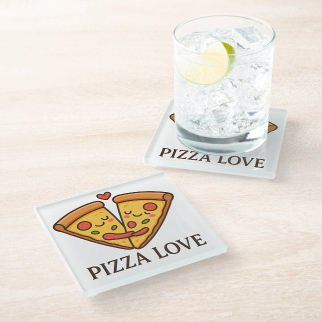 Cute Pizza Love Sticker Glasuntersetzer (Schrägansicht)