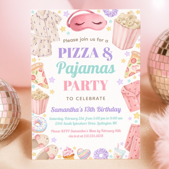 Cute Pizza & Pajamas Slumber Party Girl Birthday Einladung (Cute Pizza & Pajamas Slumber Party Girl Birthday Invitation)