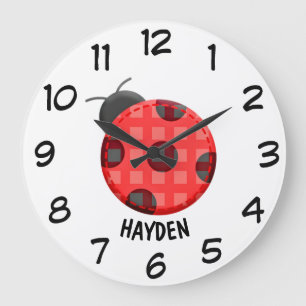 Cute Plaid Red Ladybug Personalised Kids Große Wanduhr