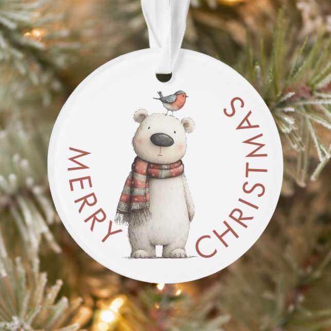 Cute Polar Bear and Robin Merry Christmas Ornament (Baum)