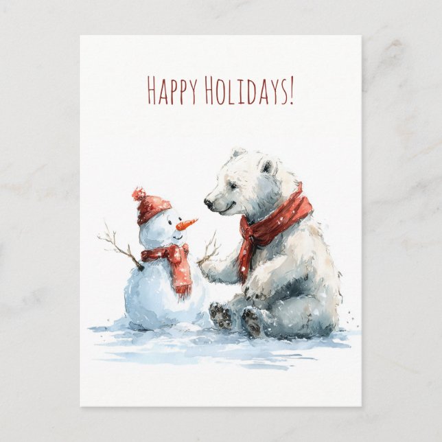 Cute polar bear build a snowman, Christmas  Postkarte (Vorderseite)