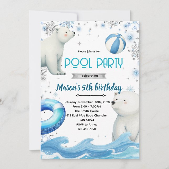 Cute polar bear winter pool theme invite einladung (Vorderseite)