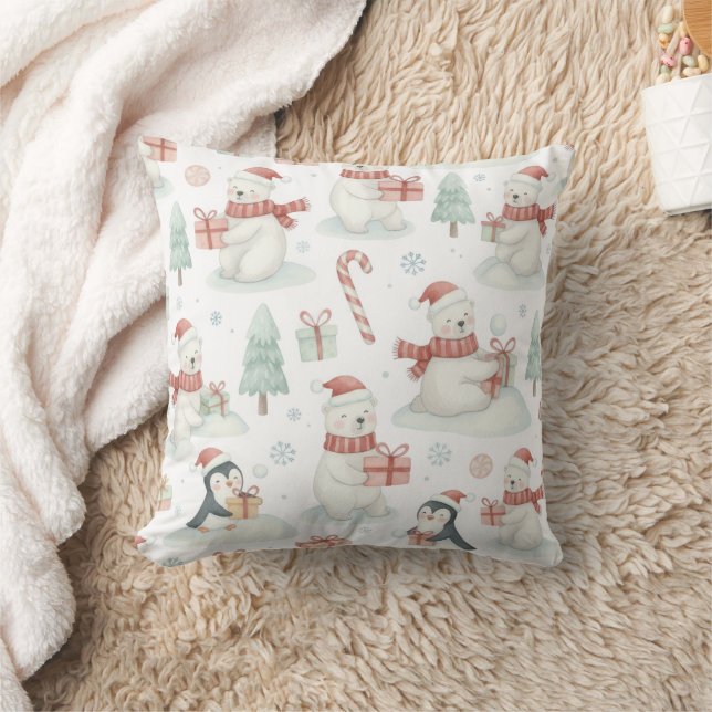 Cute Polar Bears & Penguins Christmas Throw Pillow Kissen (Decke)