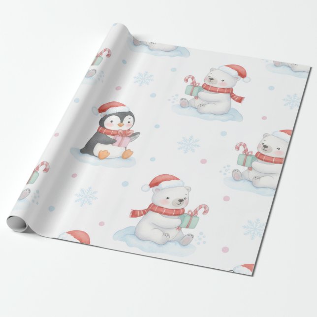 Cute Polar Bears Penguins Christmas Wrapping Paper Geschenkpapier (Ungerollt)
