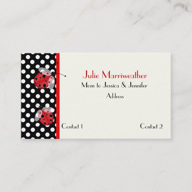 Cute Polka Dot and Ladybug Mommy Card Telefonnummerkarte (Vorderseite)