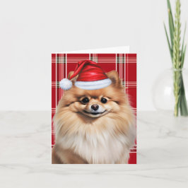 Cute Pomeranian Santa Dog Red White Plaid Feiertagskarte