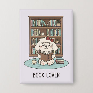 Cute Poodle Puppy Dog "Book Lover" Pastel Button 
