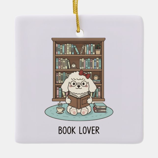 Cute Poodle Puppy Dog Book Lover Pastel Christmas Keramikornament (Vorderseite)