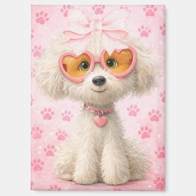 Cute Poodle with Pink Paw Prints and Bow Magnet (Vorderseite)