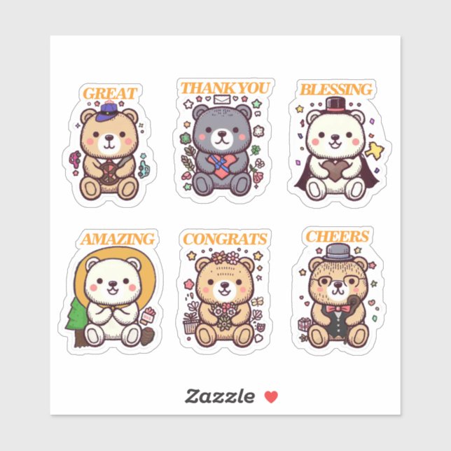Cute Positive Bear-6 Designs Aufkleber (Blatt)