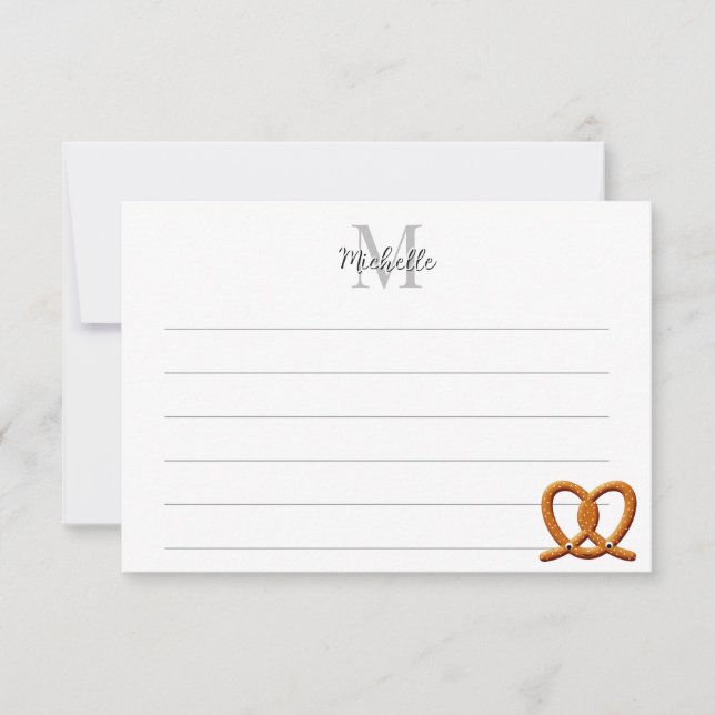 Cute Pretzel Drawing Lined Monogram Personalized Mitteilungskarte (Vorderseite)