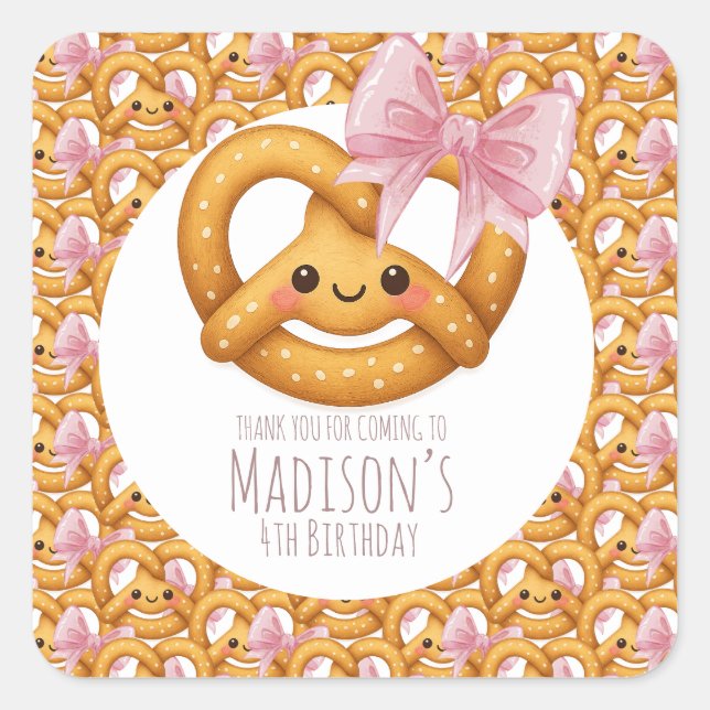 Cute Pretzel Girl Birthday Party Quadratischer Aufkleber (Vorderseite)