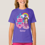 Cute Princess Castle Fairytale Birthday Party Girl T-Shirt<br><div class="desc">A pretty personalized princess birthday t-shirt featuring a beautiful little girl in a queen ball gown with pink bows standing in front of a pink and ice blue castle. A cute custom party gift for a little girl. Add your child's name underneath the castle steps of this fairy tale design....</div>
