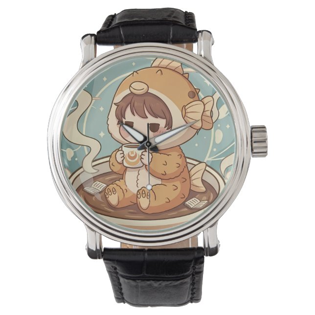 Cute Puffer Fish Coffee & Reading Art Armbanduhr (Vorderseite)