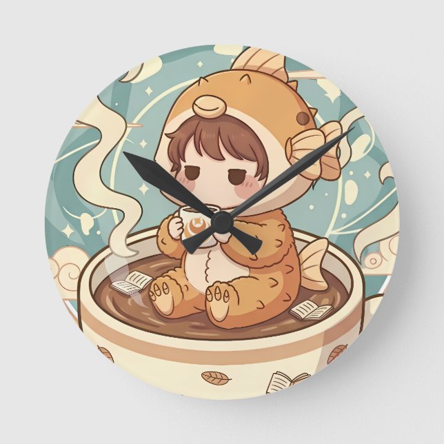 Cute Puffer Fish Coffee & Reading Art Runde Wanduhr (Vorderseite)