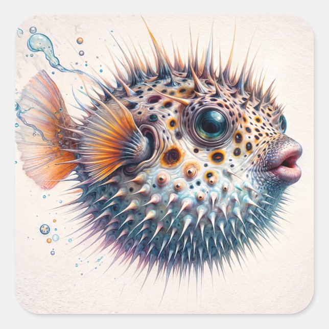 Cute Pufferfish Sea Life Art Quadratischer Aufkleber (Vorderseite)