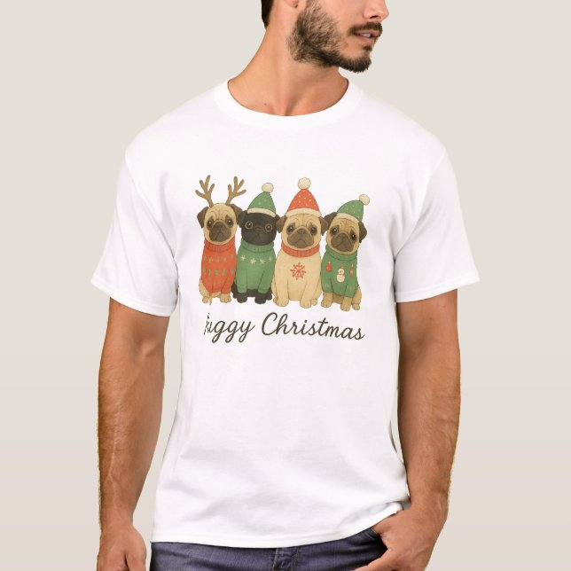 Cute Pug Christmas Illustration in Festive Sweater T-Shirt (Vorderseite)