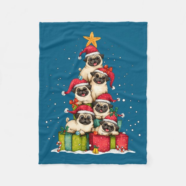 Cute Pug Le Dog Christmas Tree Xmas Hat Long Sleev Fleecedecke (Vorderseite)