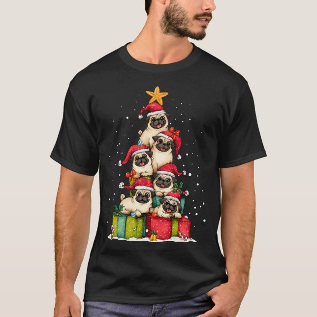 Cute Pug Le Dog Christmas Tree Xmas Hat Long Sleev T-Shirt (Vorderseite)