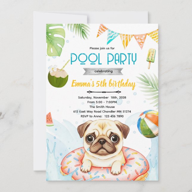 Cute pug pool party theme invite einladung (Vorderseite)