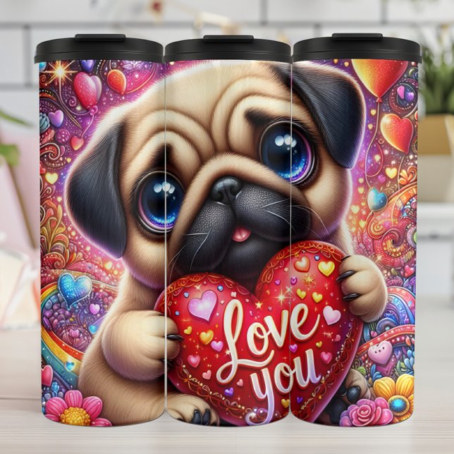 Cute Pug Puppy Love Heart Thermosbecher (Von Creator hochgeladen)