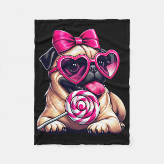 Cute Pug With Heart Sungles Bow Valentine Dog Mom  Fleecedecke