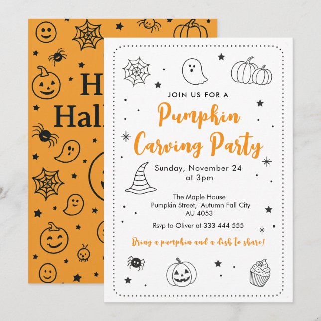 Cute Pumpkin Carving Party Halloween Doodles Einladung (Vorne/Hinten)