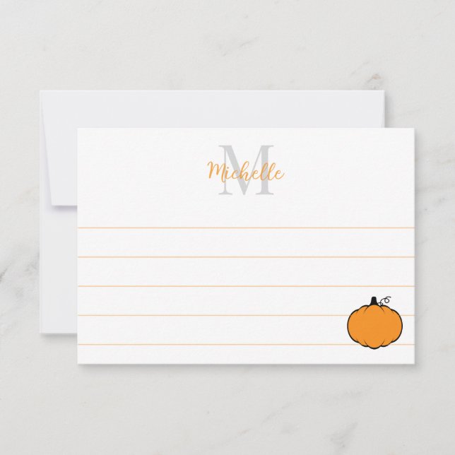 Cute Pumpkin Drawing Custom Monogram Lined Mitteilungskarte (Vorderseite)