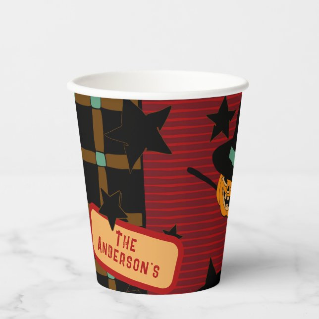 Cute Pumpkin Orange Retro Jack-o’-Lantern Witch  Pappbecher (Vorderseite)