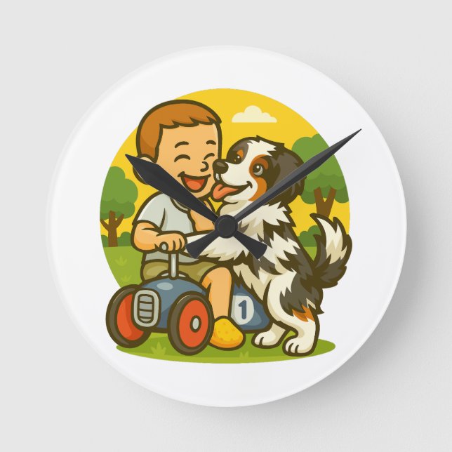 Cute Puppy and Kid Playtime Runde Wanduhr (Vorderseite)