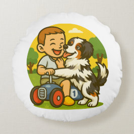 Cute Puppy and Kid Playtime Rundes Kissen