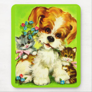 Cute Puppy and Smiling Kittens Mousepad