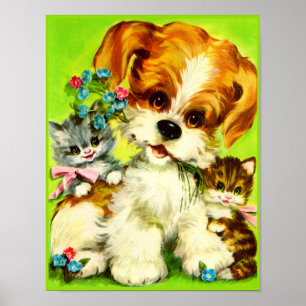Cute Puppy and Smiling Kittens Poster