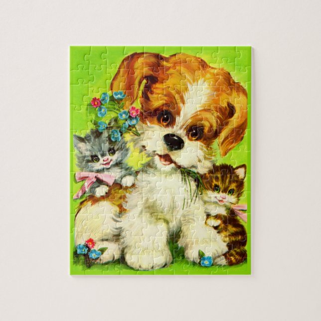 Cute Puppy and Smiling Kittens Puzzle (Vertikal)