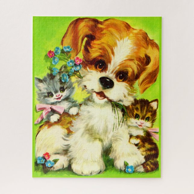 Cute Puppy and Smiling Kittens Puzzle (Vertikal)