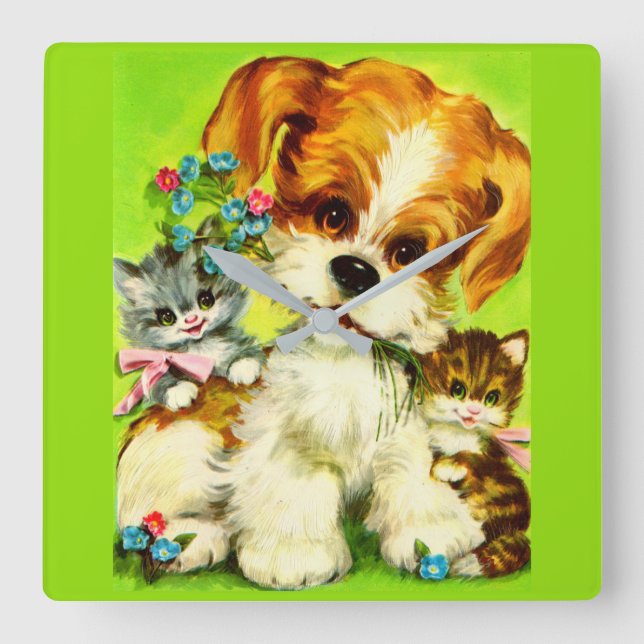 Cute Puppy and Smiling Kittens Quadratische Wanduhr (Vorderseite)