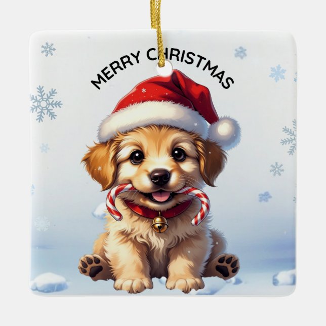 Cute Puppy Christmas Golden Retriever Holiday Keramikornament (Vorderseite)