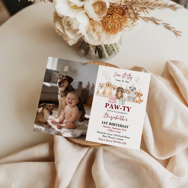 Cute Puppy Dog Boy 1st Birthday | Pawty Time First Einladung (Cute Puppy Dog Boy 1st Birthday | Pawty Time First Invitation)