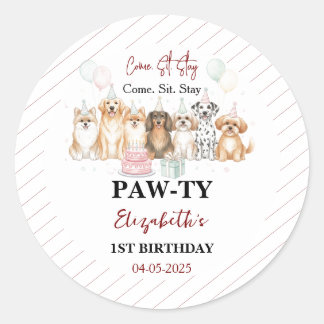 Cute Puppy Dog Boy 1st Birthday | Pawty Time First Runder Aufkleber