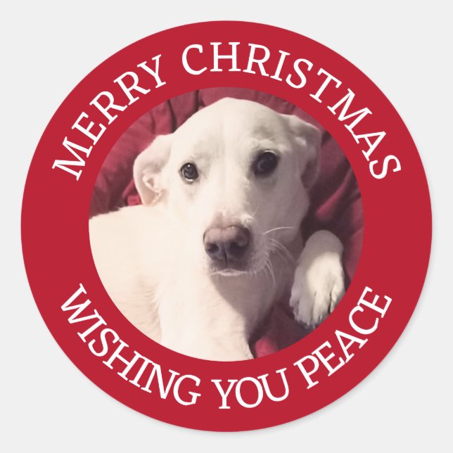 Cute Puppy Dog Merry Christmas Peace Red Runder Aufkleber (Vorderseite)