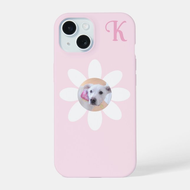 Cute Puppy Dog Photo Pink Flower Girl's Initial iPhone 15 Hülle (Rückseite)