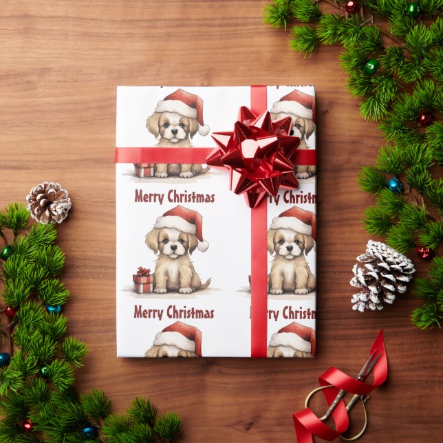 Cute Puppy Dog Wearing a Santa Hat Merry Christmas Geschenkpapier (Feiertagsgeschenk)