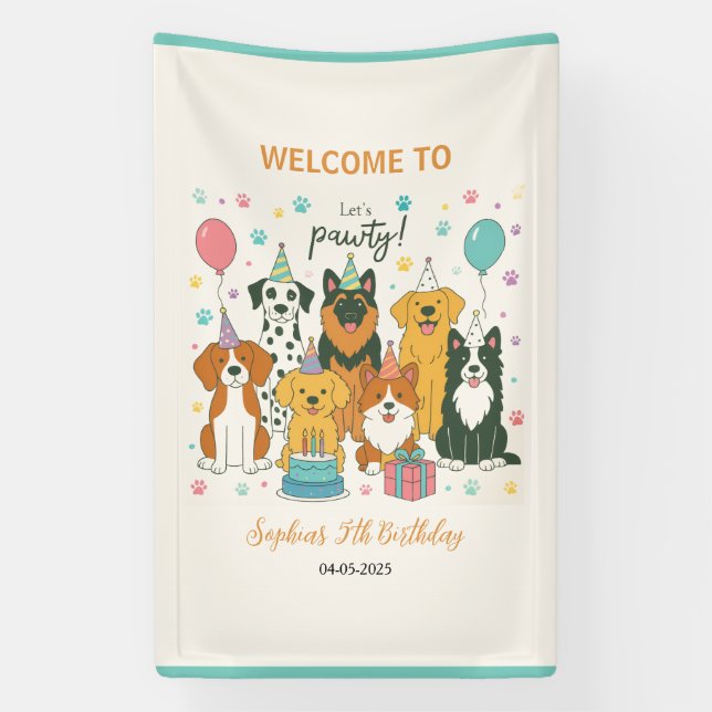 Cute Puppy Dogs Boy 5th Birthday Party Banner (Vertikal)