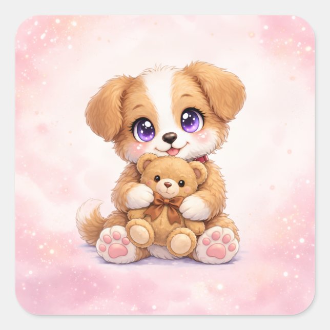 Cute Puppy Hugging Teddy Bear Square Sticker (Vorderseite)