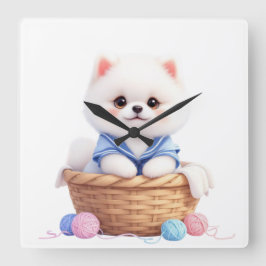 Cute Puppy in Basket Wall Clock Quadratische Wanduhr