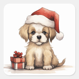 Cute Puppy Wearing a Santa Hat Christmas Quadratischer Aufkleber