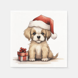 Cute Puppy Wearing a Santa Hat Dog Christmas Serviette