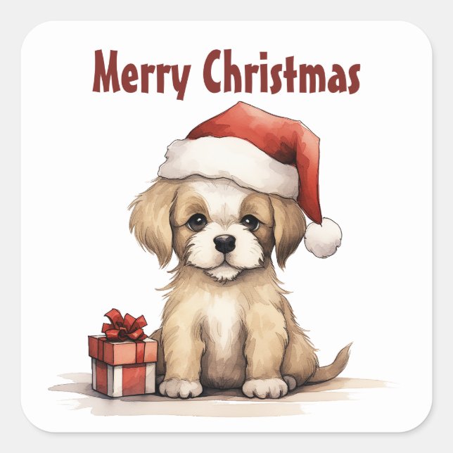 Cute Puppy Wearing a Santa Hat Merry Christmas Quadratischer Aufkleber (Vorderseite)